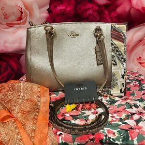 Coach Metallic Gold Leather Shoulder Tote with Gold-Tone Hardware